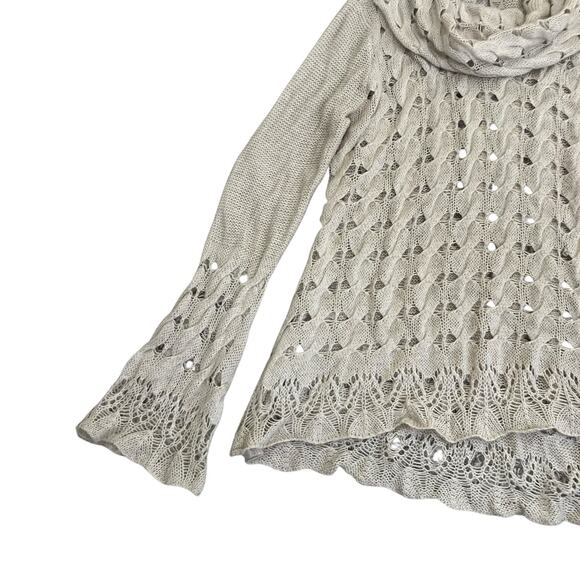 Nine West Sz M Tan Open Cable-knit Cowl Neck Sweater With Bell Sleeves Fairy - Picture 9 of 16